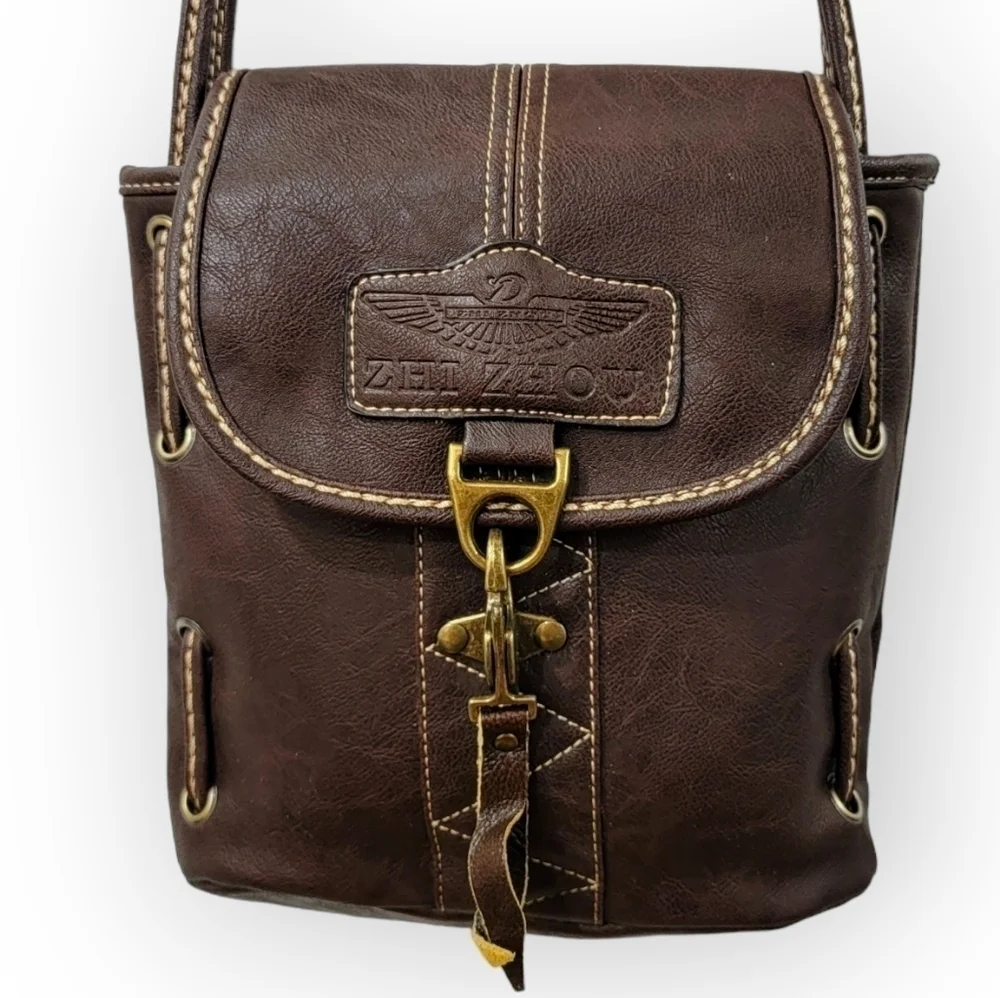 Zhi Zhou Crossbody Bag Flap Top Brown with Contrast Stitching